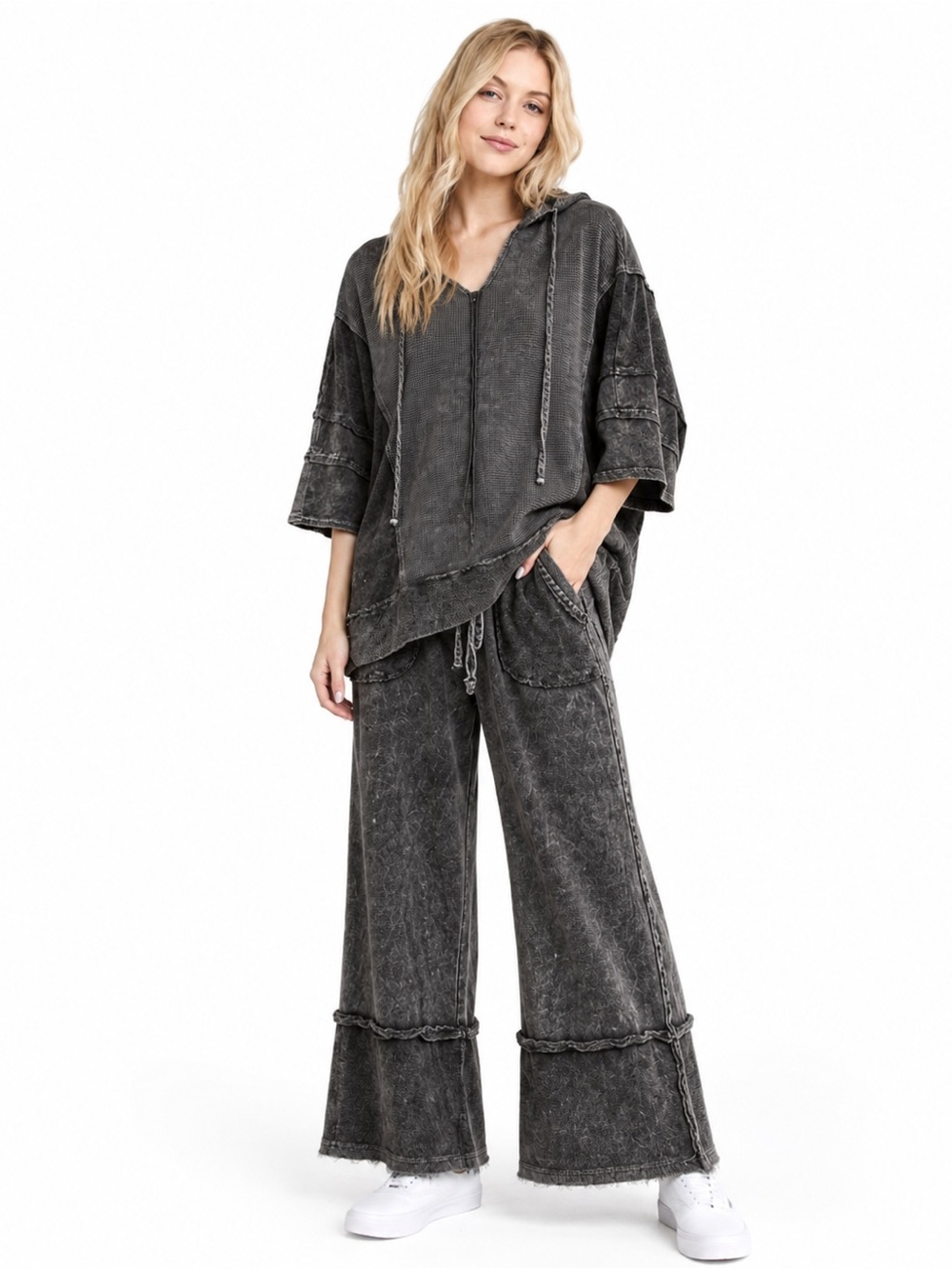 268. Women’s Oversized Ash Black French Terry Lace V‑Neck Hoodie Set NEW